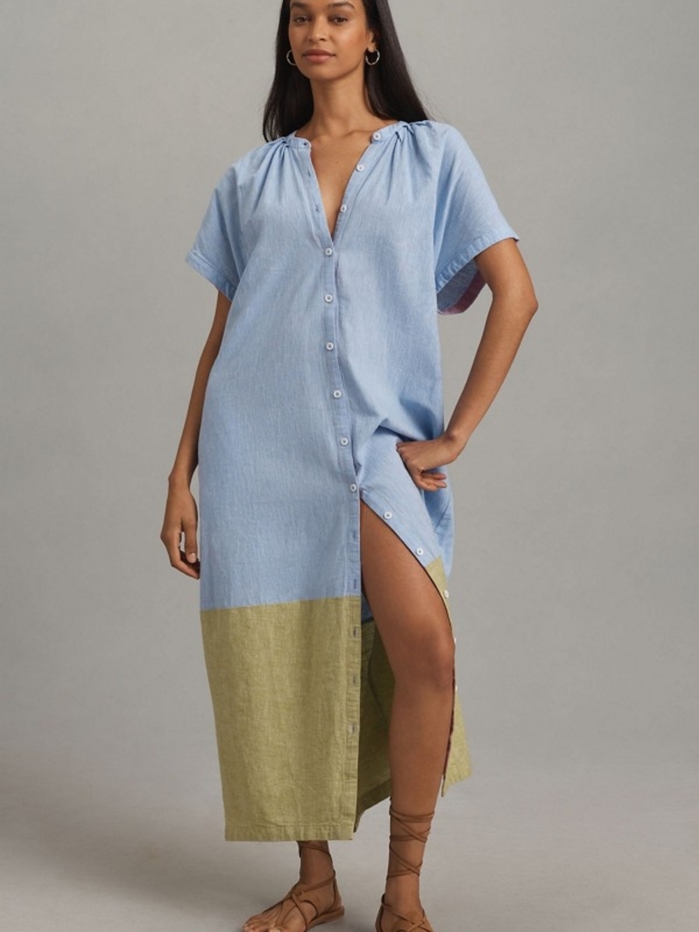 Anthropologie Light Blue and Olive Button-Front Dress